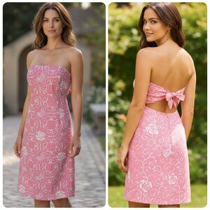 VTG Lilly Pulitzer Iron Maiden Strapless Dress 10 Cotton Pink Floral Butterfly